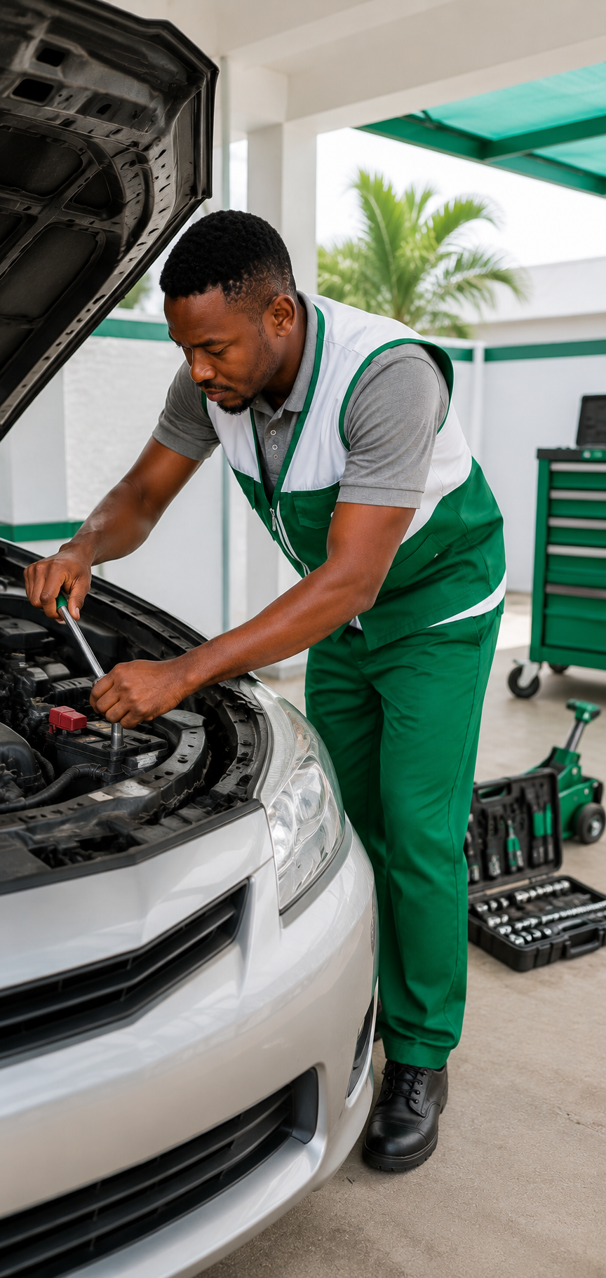 Mechanic checking a car engine and diagnosing vehicle maintenance issues.